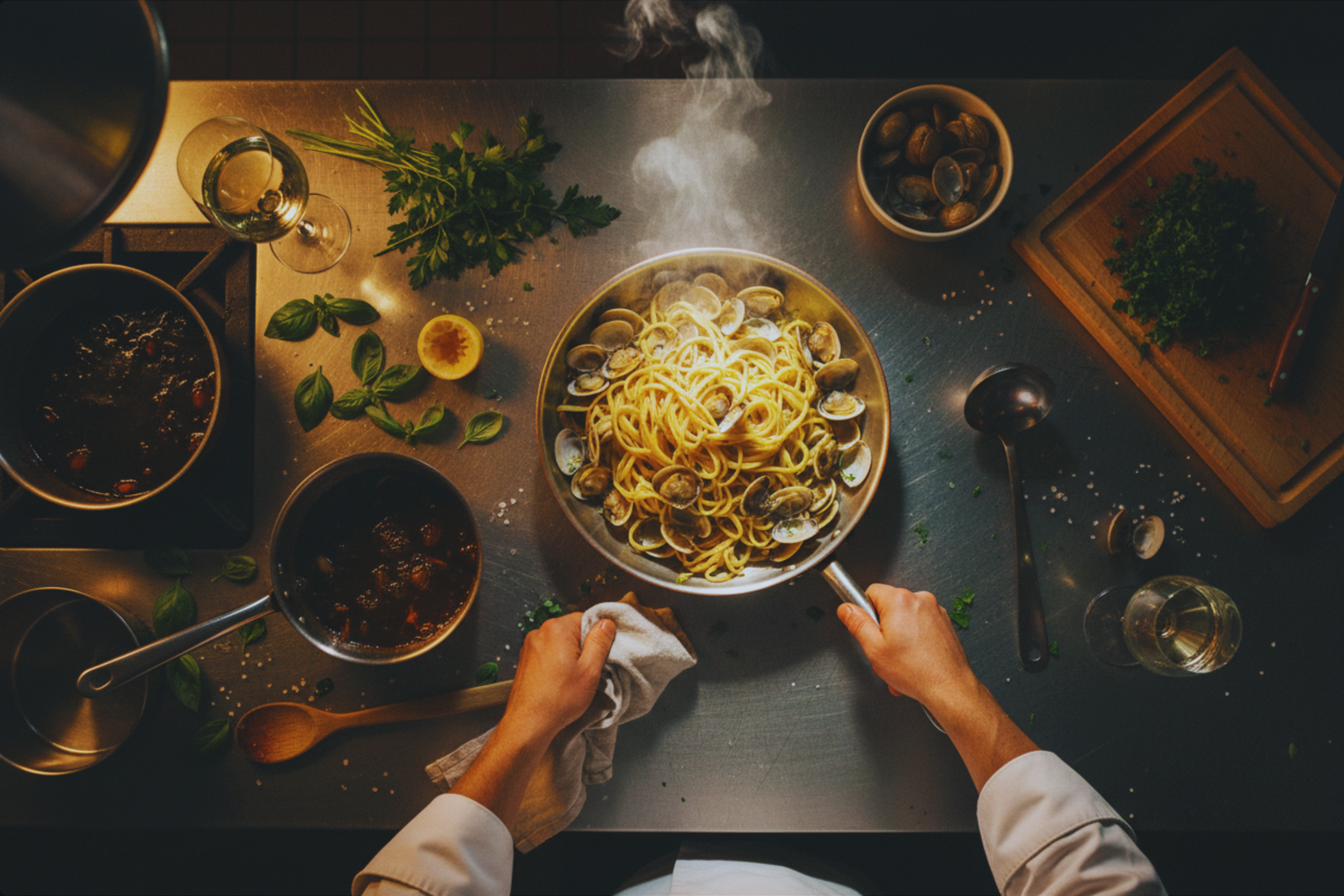 Overhead view of a busy kitchen station, pasta alle vongole mid-preparation — the work that happens behind the closed door