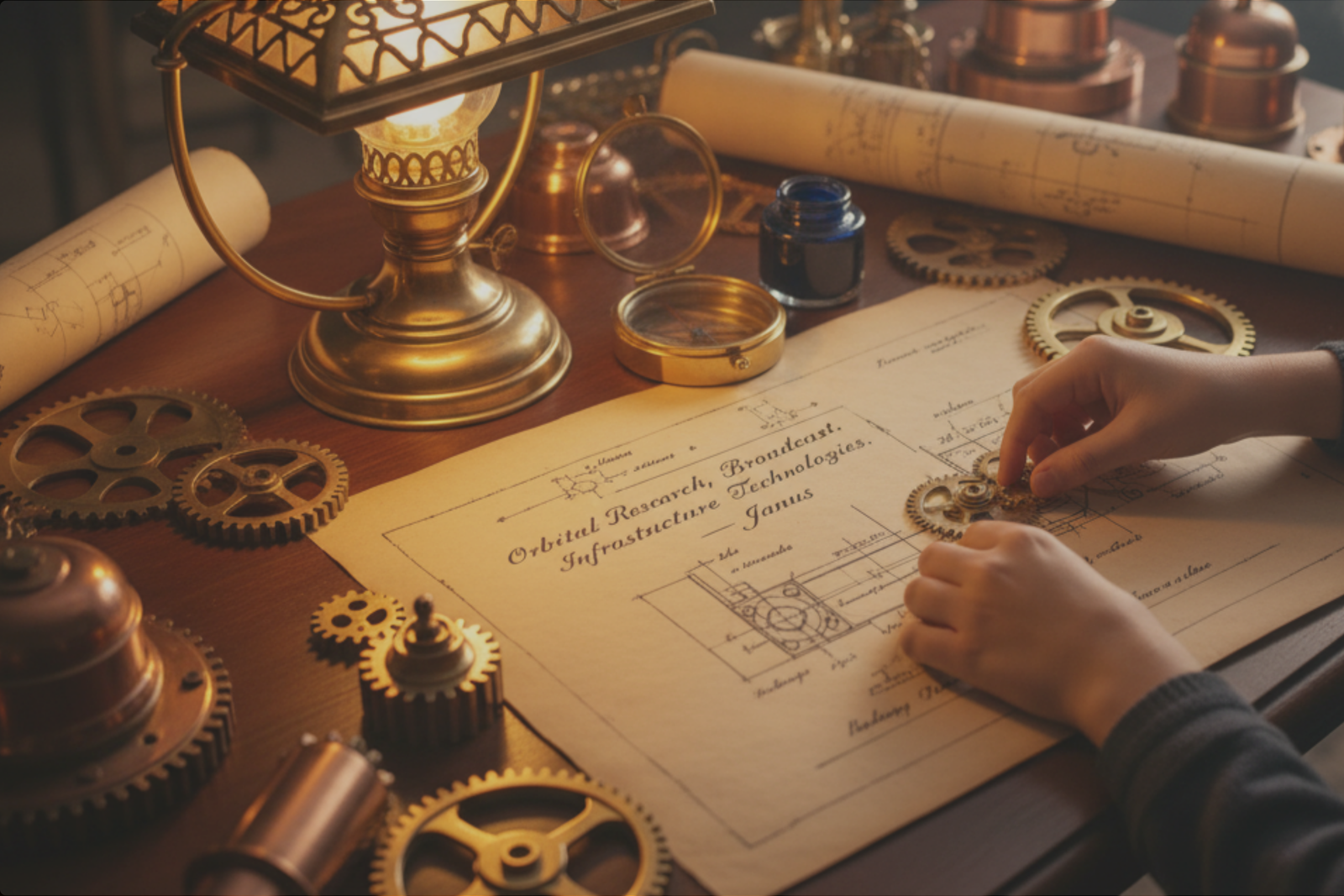 Young hands over a blueprint reading “Orbital Research, Broadcast, Infrastructure Technologies. — Janus” — building something no one else can see yet