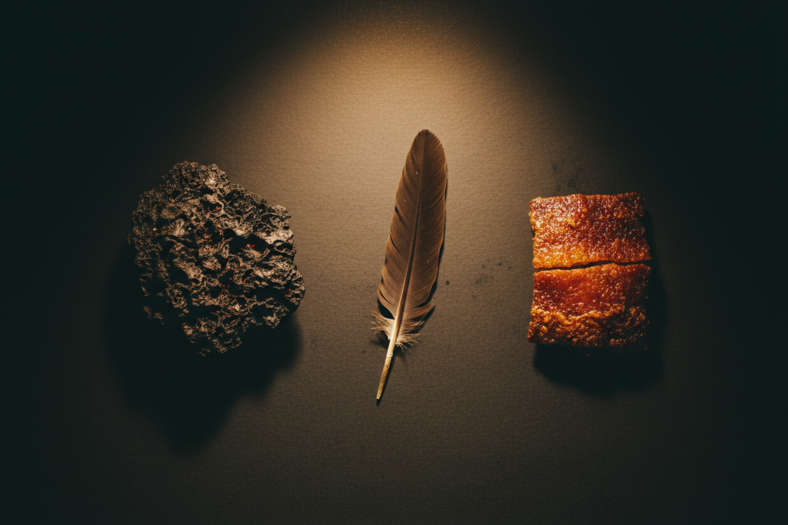 Charred volcanic rock, Philippine Eagle feather, crackling lechon skin — the three symbols of Layer One