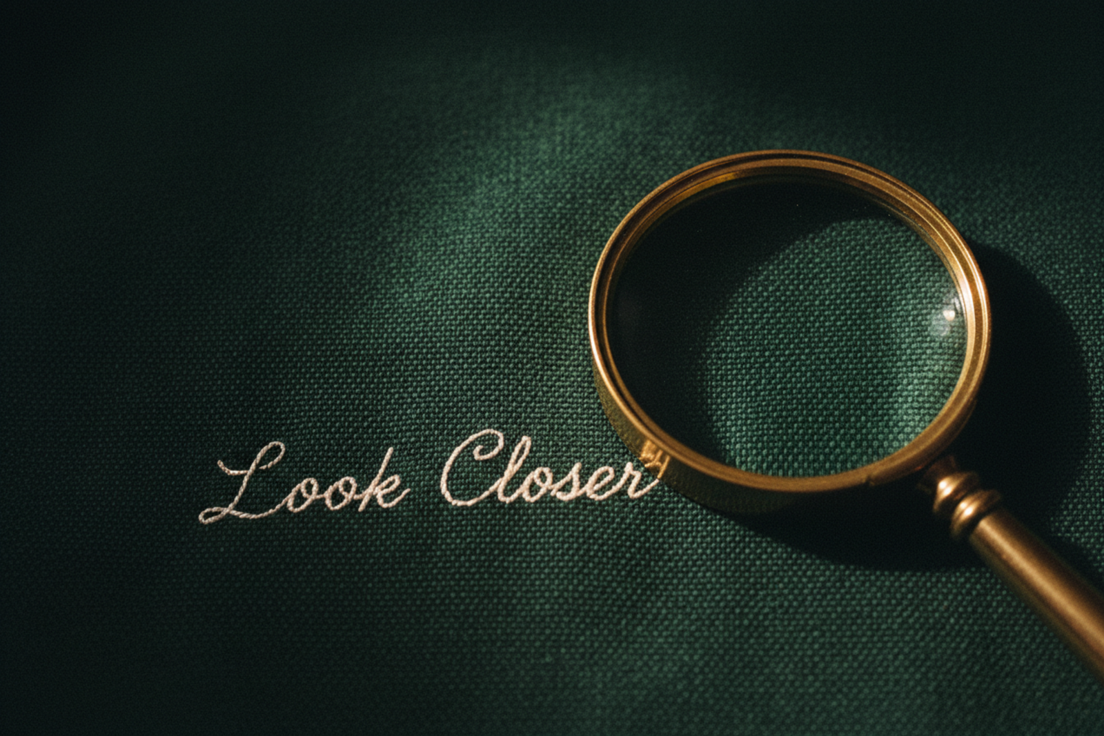Brass magnifying glass hovering over “Look Closer” embroidered in cursive on dark fabric — the brand demonstrating itself
