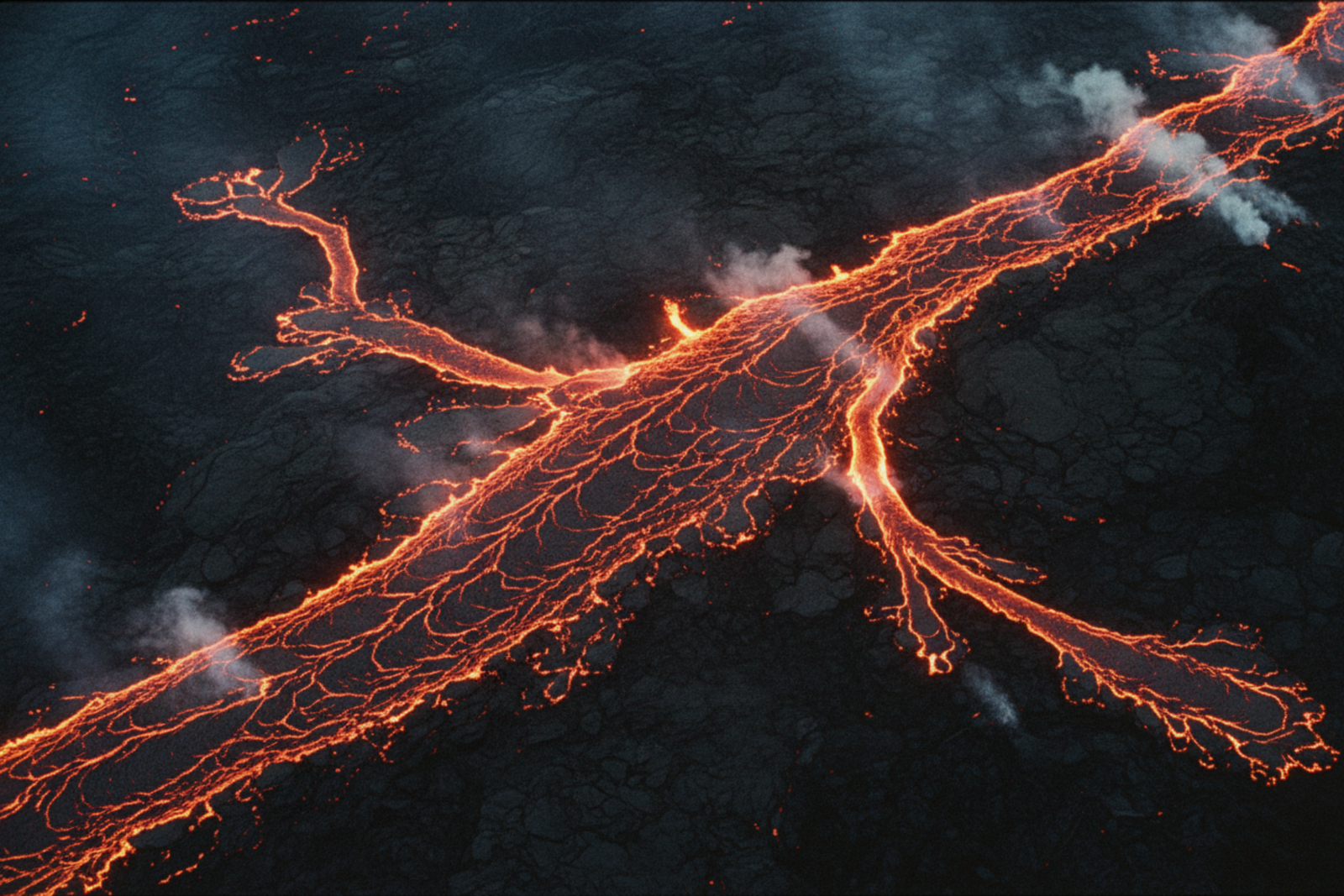 Molten lava flowing across volcanic basalt — contained power that has been building for a very long time, finally moving
