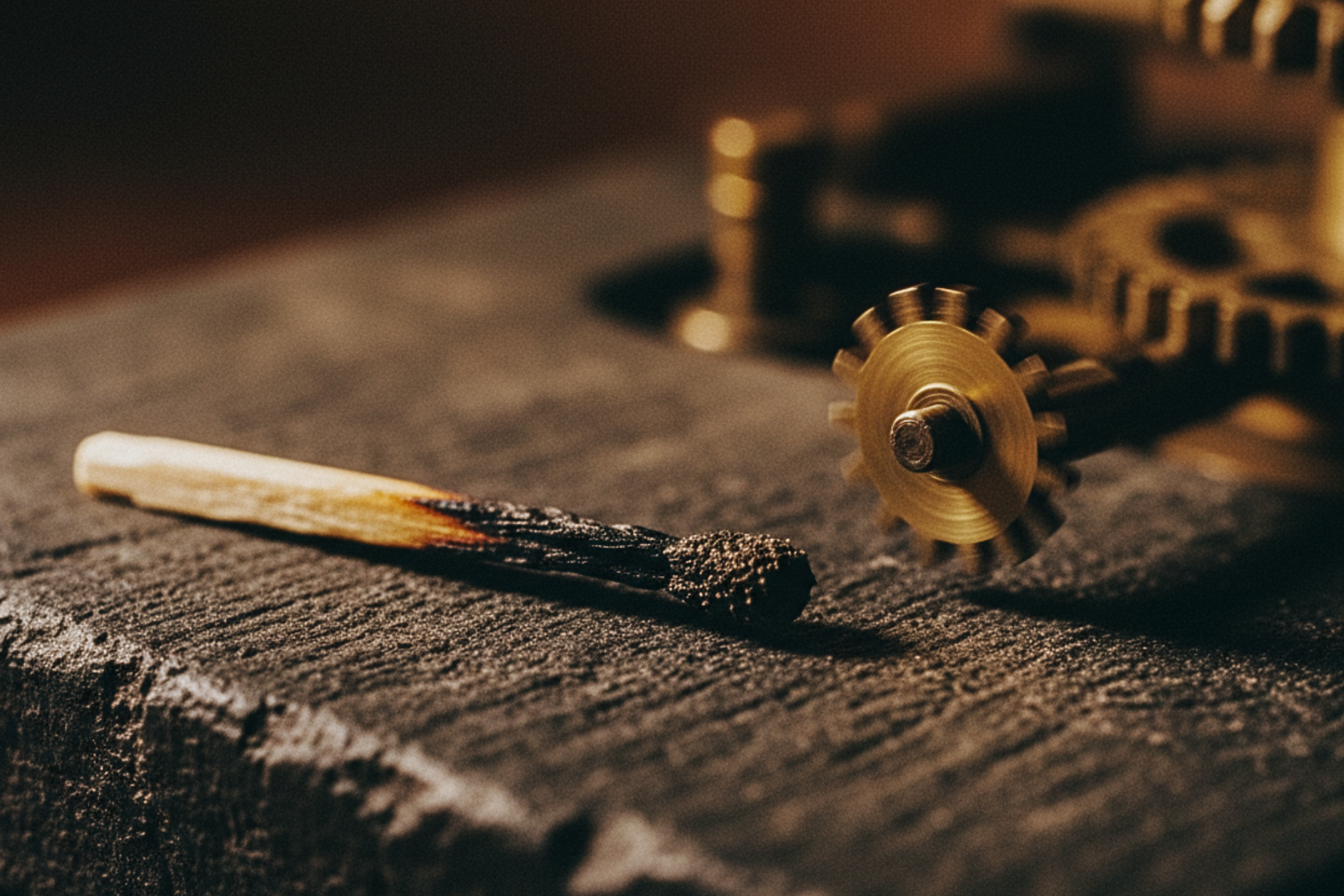A spent match beside a turning gear — the Burn Era still, the Engine Builder already in motion.